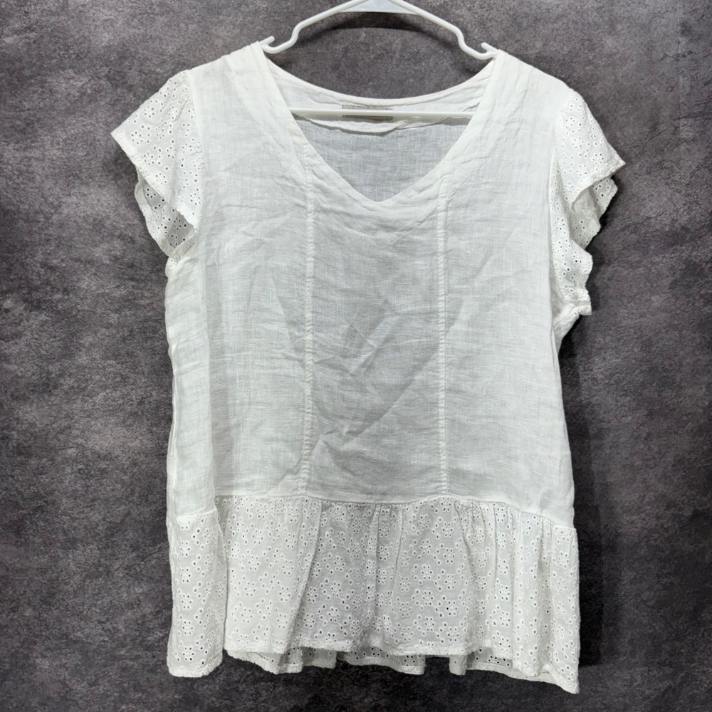 Lungo L'Arno White 100% Linen Eyelet Flutter Sleeve Peplum Top Size M Minimalist